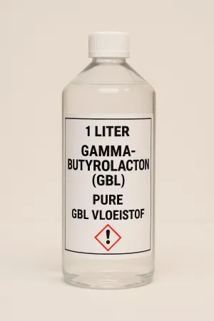 1 liter fles pure Gamma-Butyrolacton (GBL) vloeistof met Nederlandse veiligheidslabel
