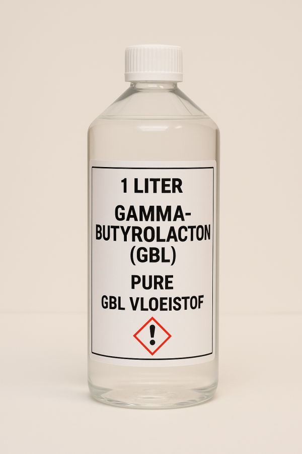 1 liter fles pure Gamma-Butyrolacton (GBL) vloeistof met Nederlandse veiligheidslabel